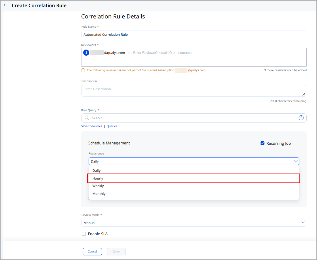 Hourly option for a recurring job in the Schedule Management section of the Create Correlation Rule page