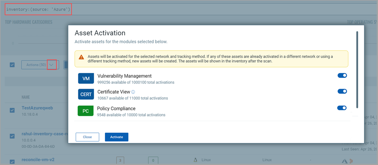 Multiple asset activation - Inventory Source Azure.