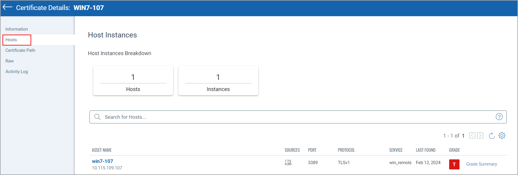 Certificate Details - hosts tab.
