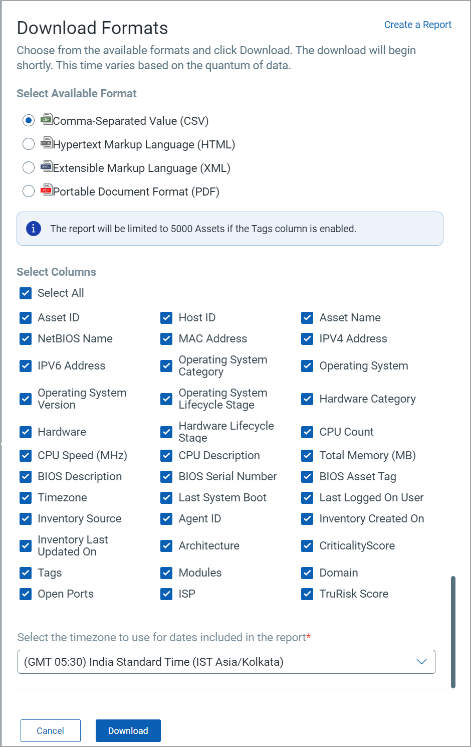 Report download formats.