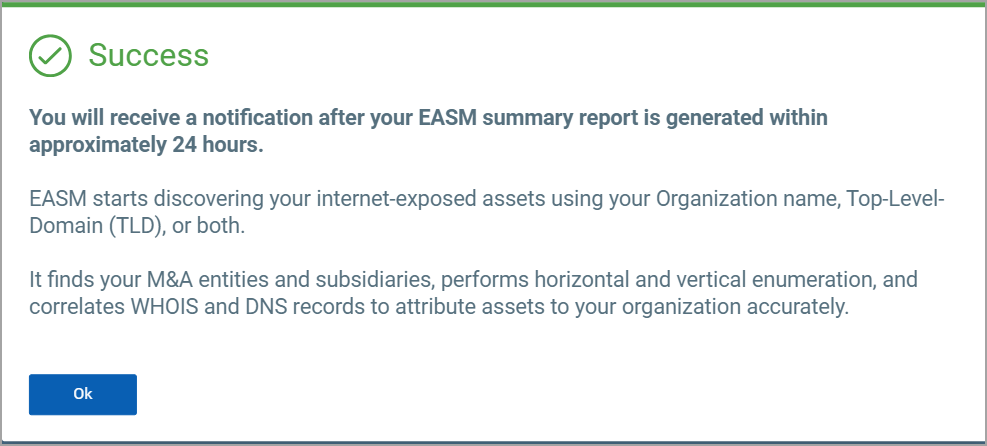 EASM summary report generation successful message.
