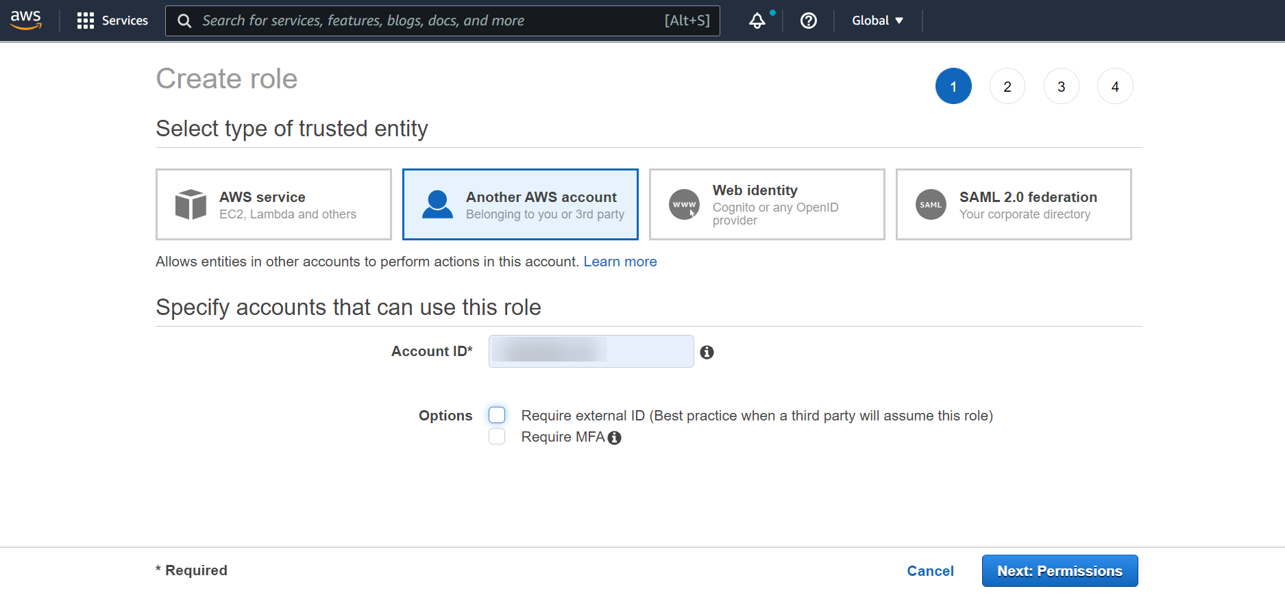 Create role page on AWS IAM portal.