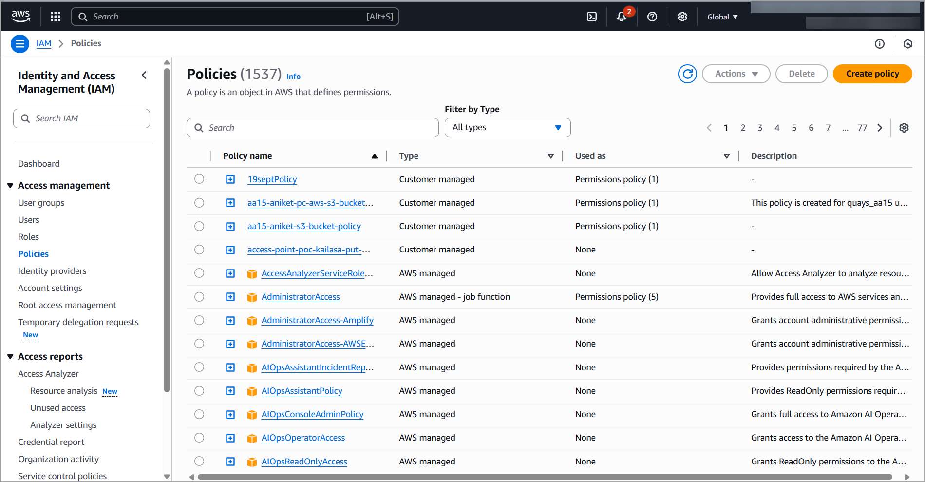 Policies page on IAM console.