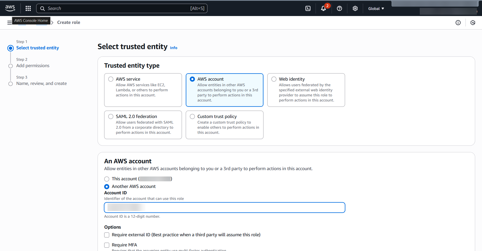 Create role page on AWS IAM portal.