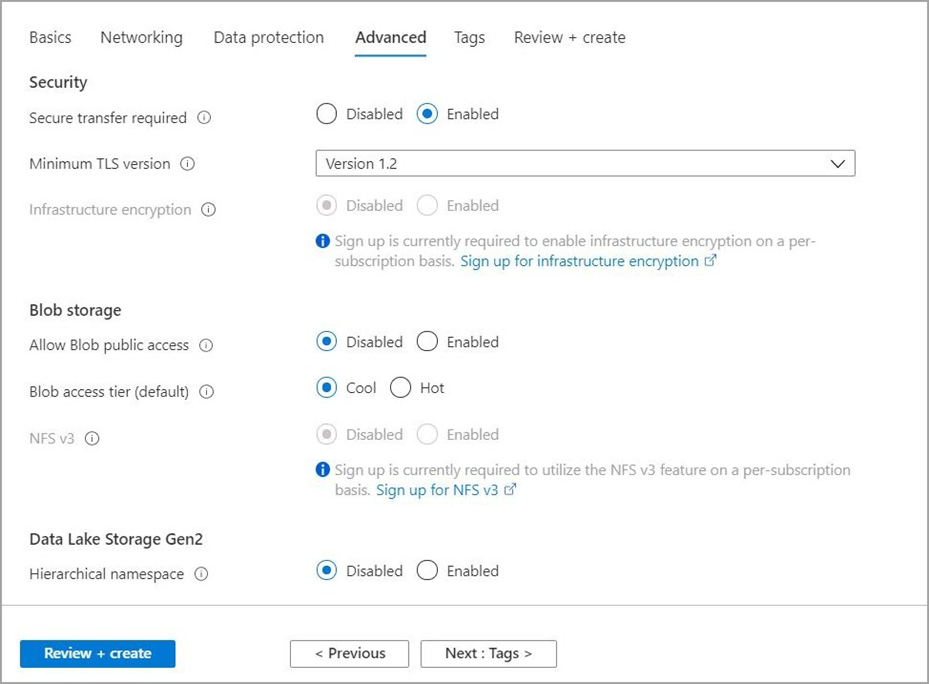 Storage account configuration