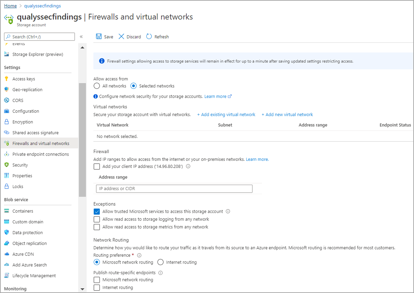 Firewall and virtual networks settings