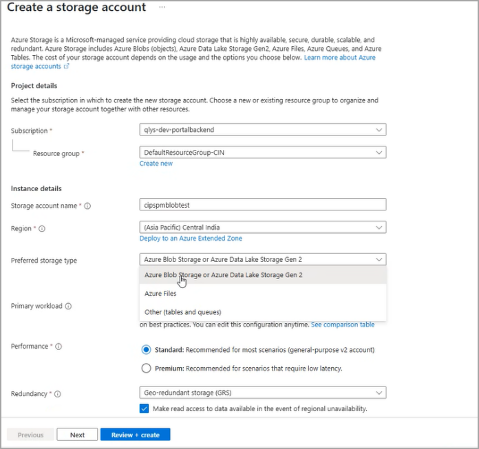 Storage account creation