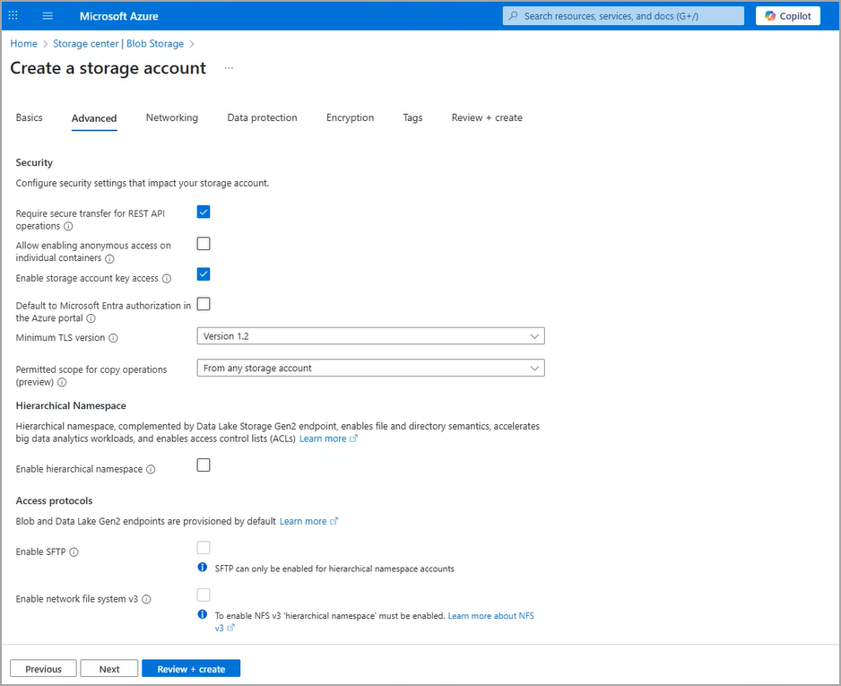 Storage account configuration