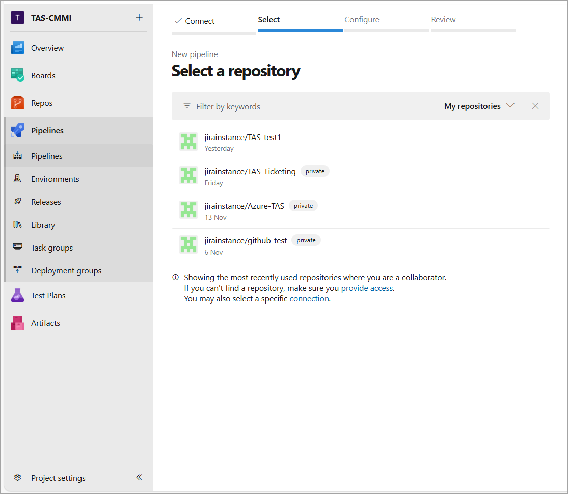 Select a repository from an existing list.