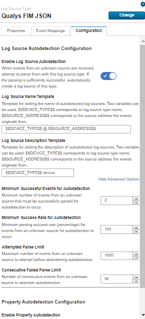 Qualys FIM JSON Configuration tab