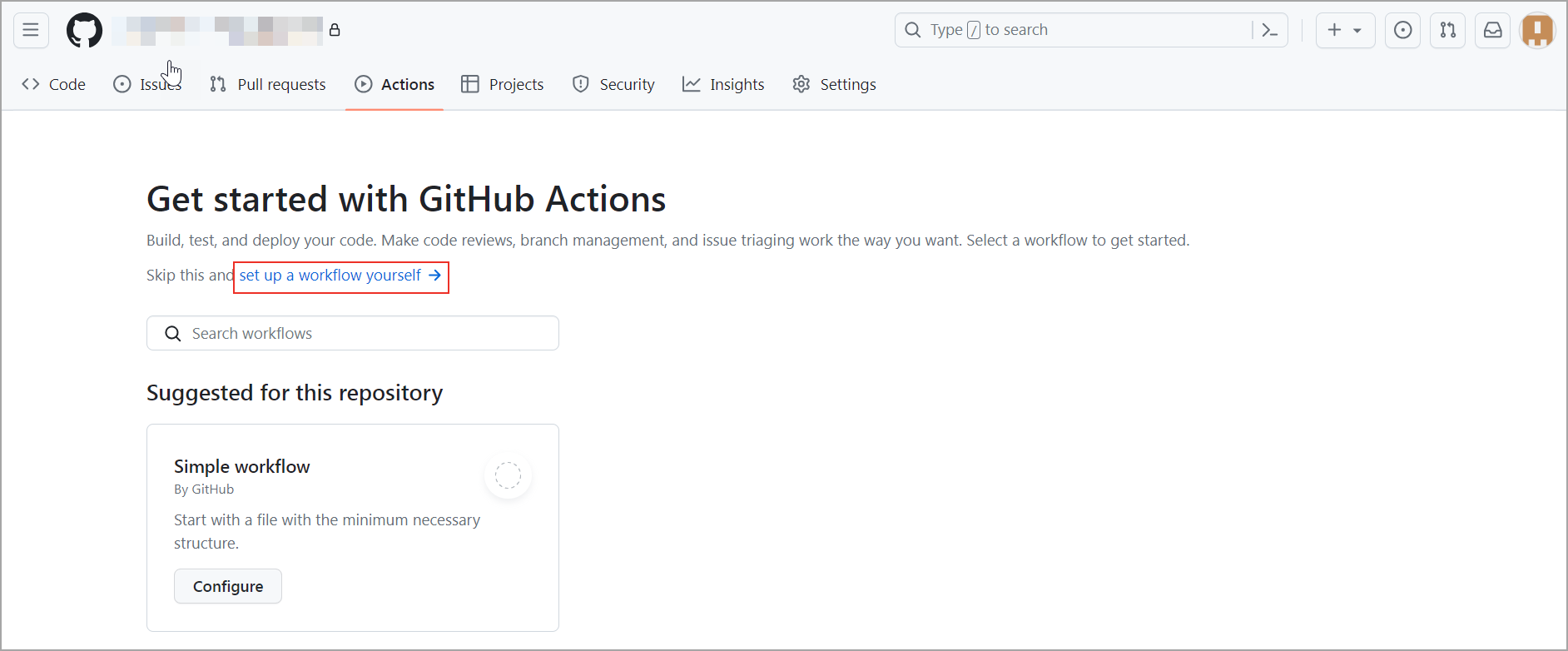 Image shows GitHub workflow setup option.