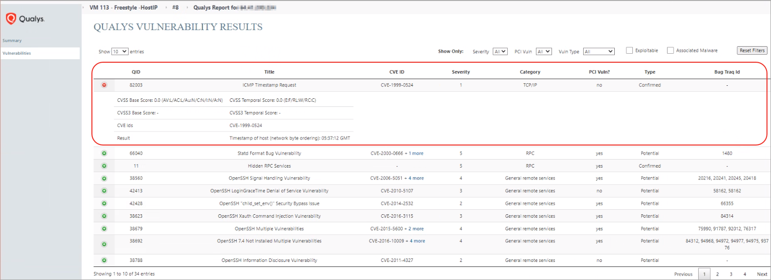 Each row when expanded shows CVSS v2 and v3 Base and Temporal scores and the corresponding CVE IDs for the vulnerability.