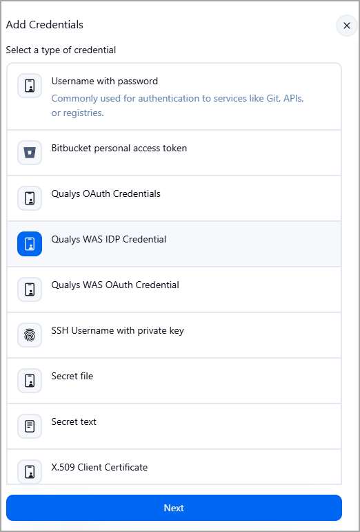 Add Credentials dialog showing Qualys WAS IDP Credential option