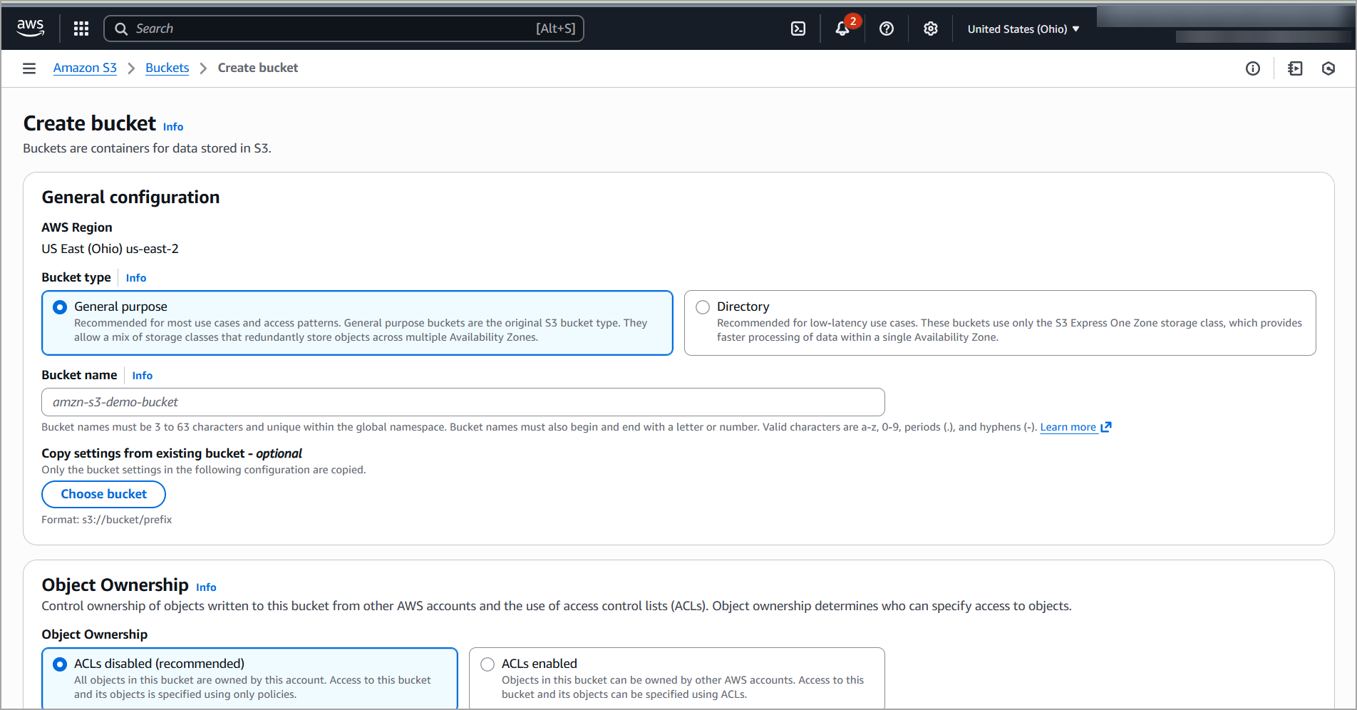 Create bucket page on Amazon S3
