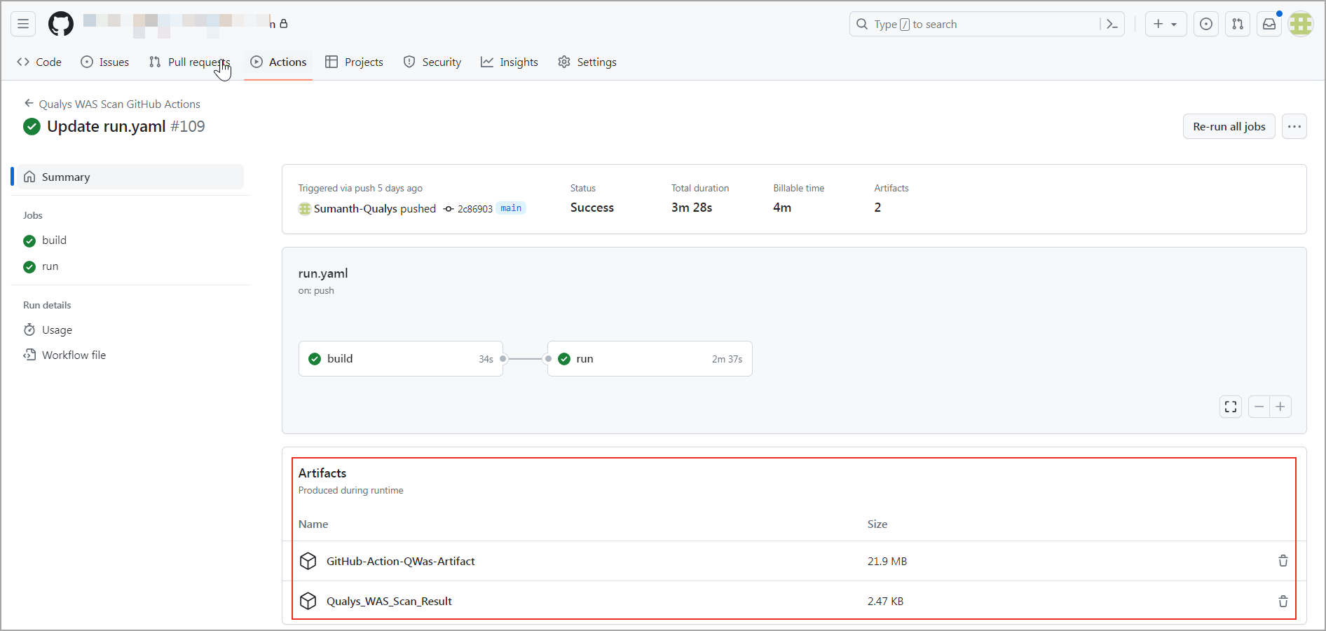 Image shows Arifacts section and scan result file.