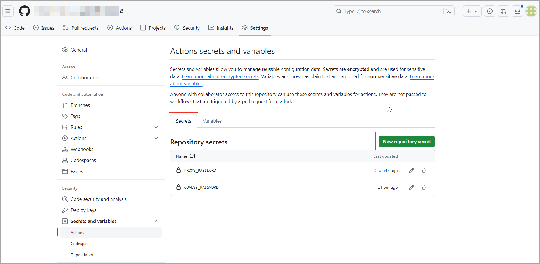 Image shows repository secrete set-up pane.