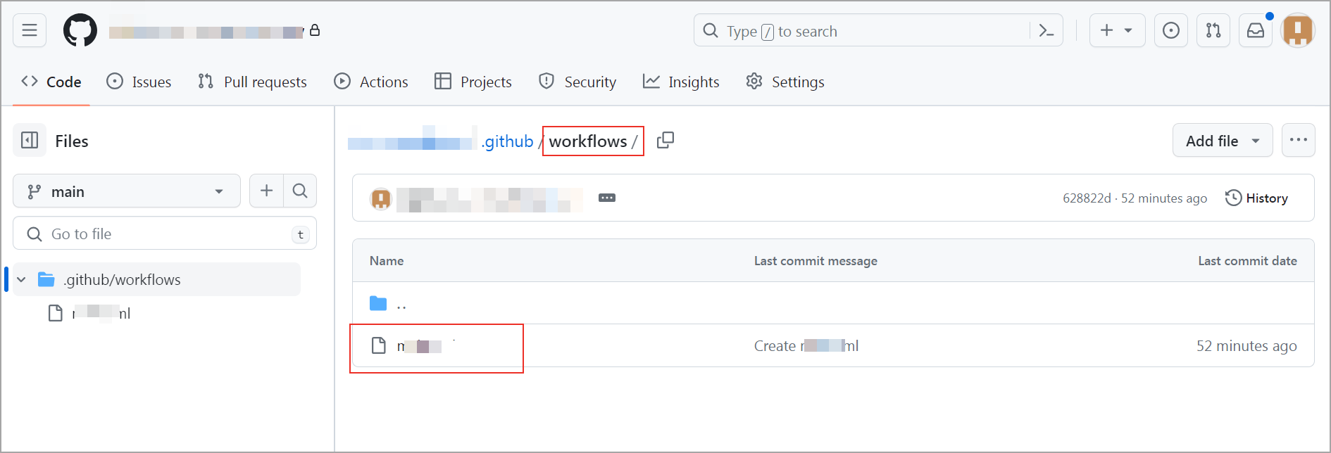 Image shows newly added workflow file in your repository.