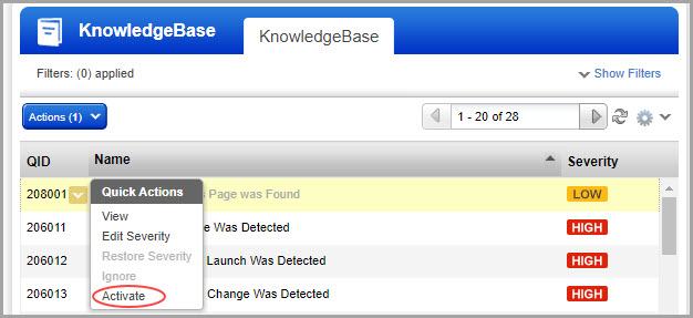 Quick action menu to choose Activate for a vulnerability.