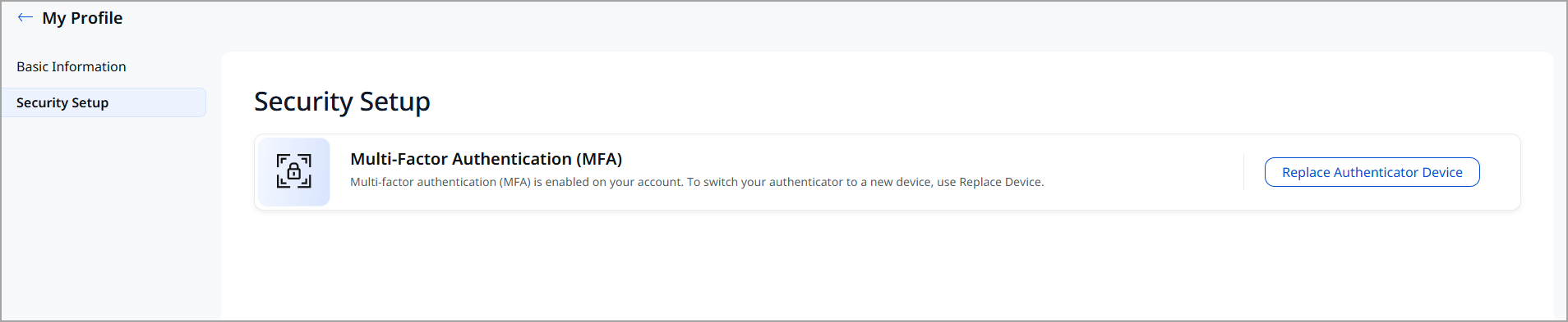 Security set up screen to replace device authentication. security setup.