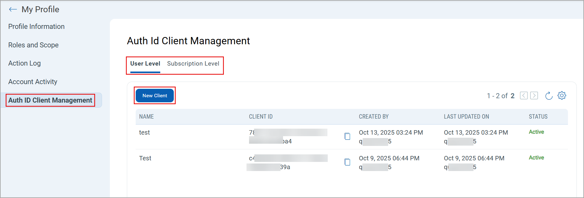 Auth ID Client Management Window.