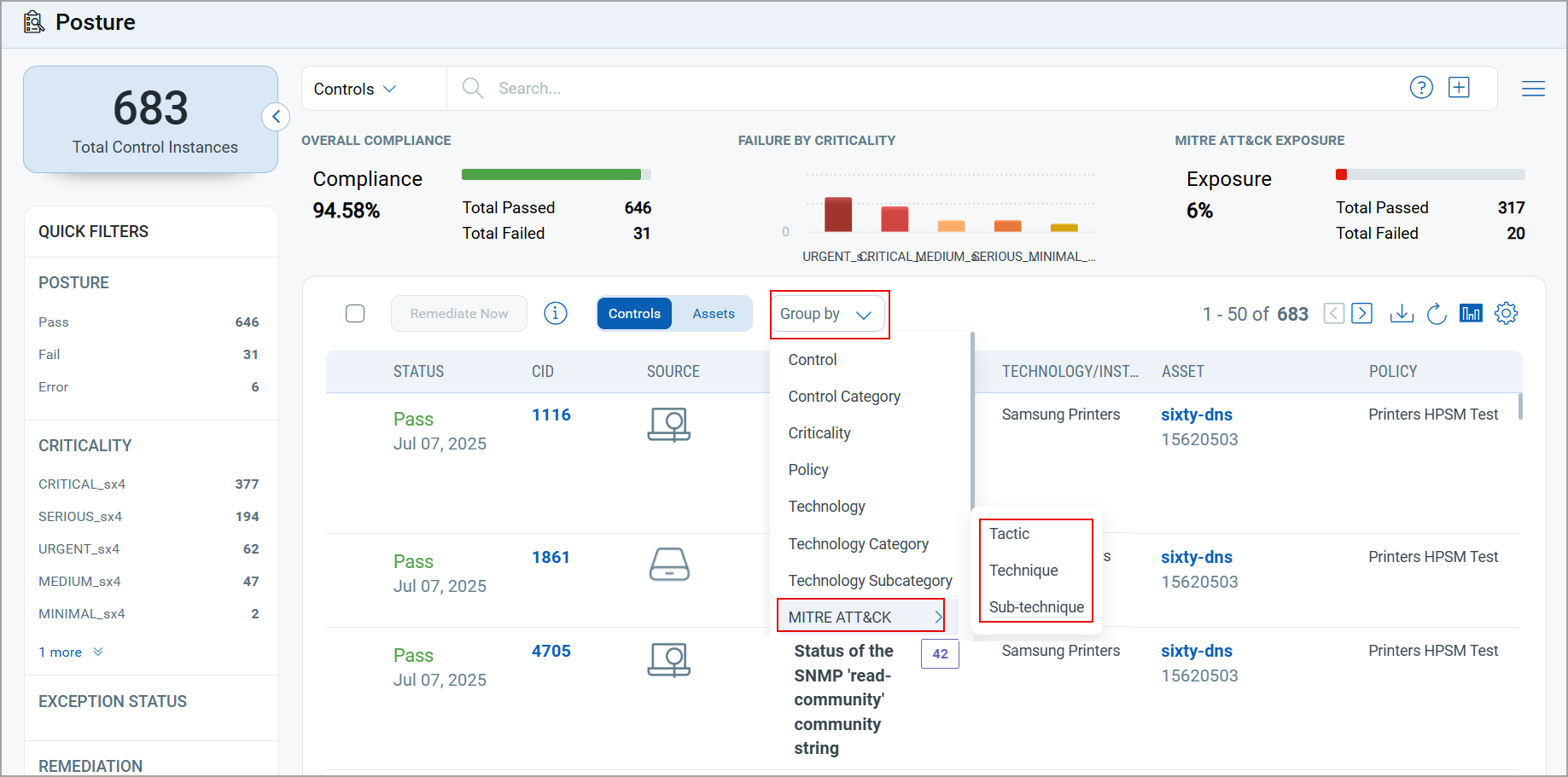 Displays compliance posture data based on MITRE sub-technique.