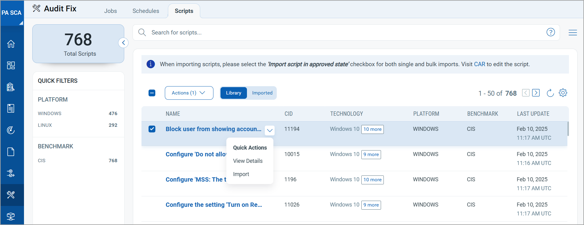 Audit Fix scripts pane.