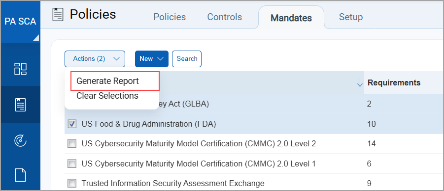 Generate Report option on Mandates tab