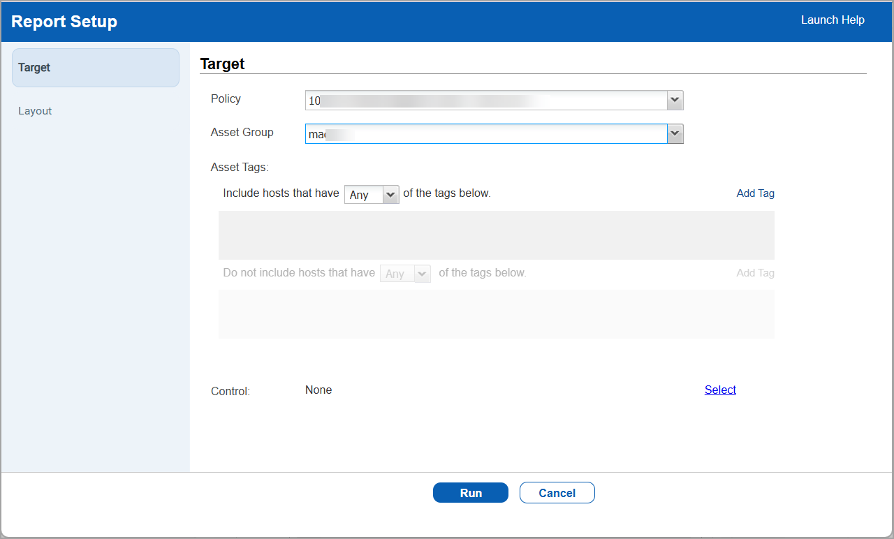 Report setup window with policy and asset group selected
