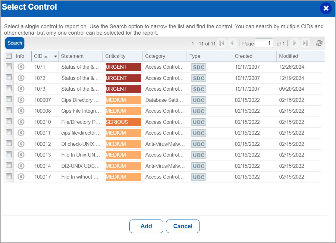 Select control window with all controls displayed