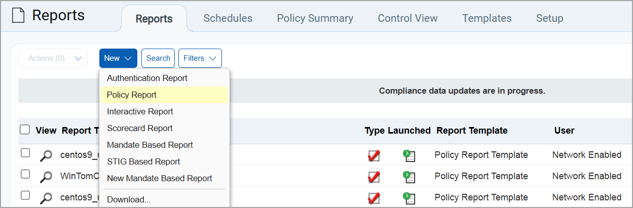 New Policy Report menu option