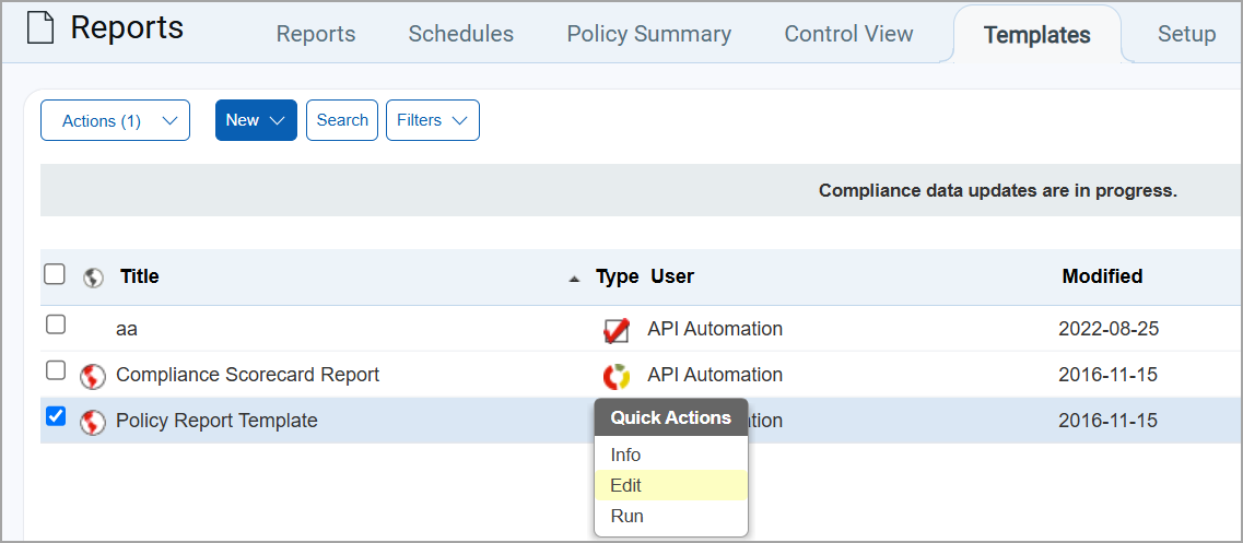 Edit template option on Quick Actions menu