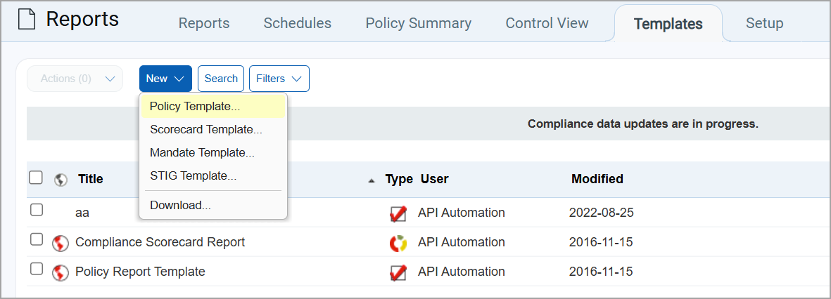 New Policy Template menu option