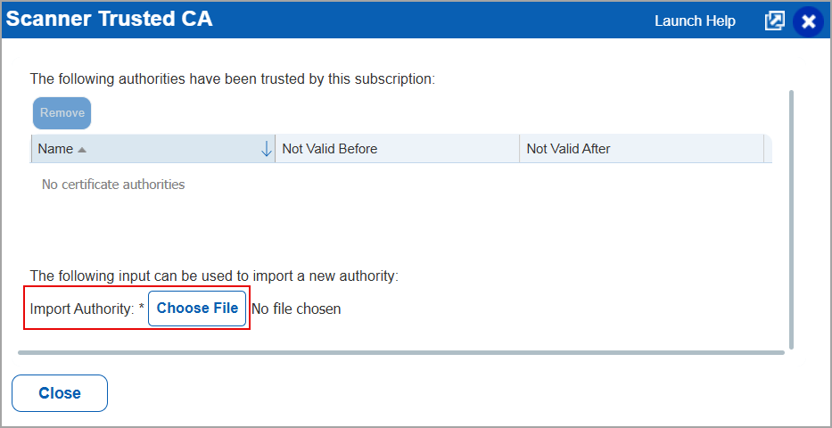 Choosing a file to import a trusted certificate authority.