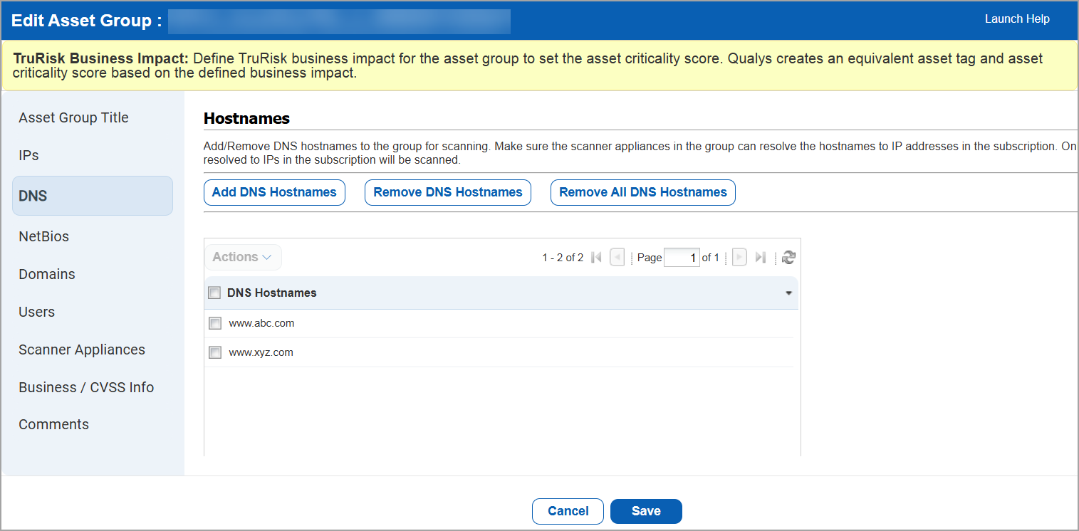 Asset Group with DNS hostnames added