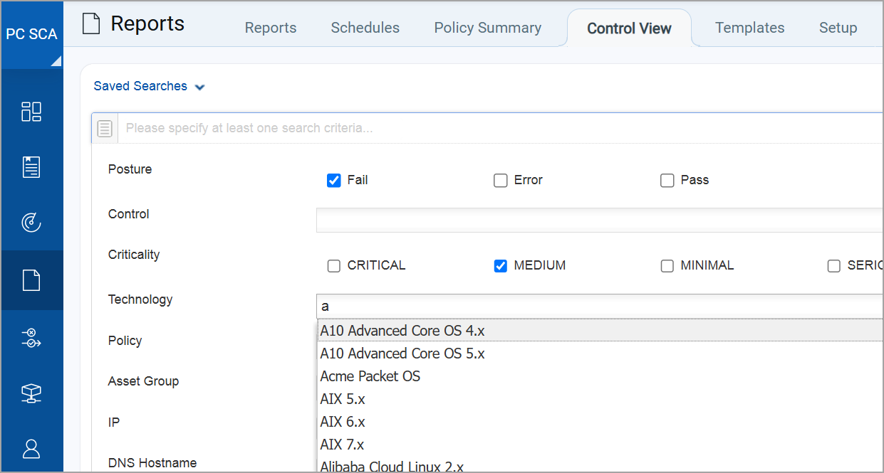 Search options on Control View tab