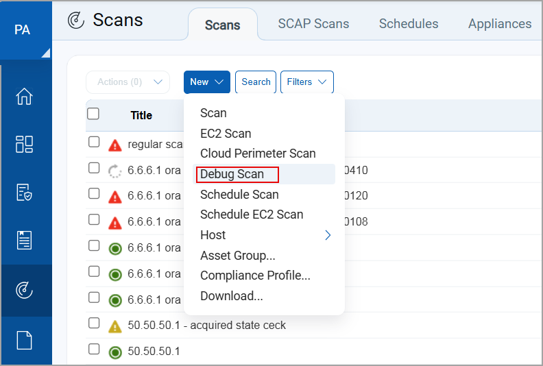 Selecting Debug scan from PA Scans.
