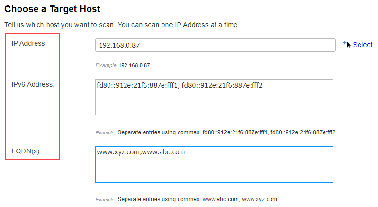 Selecting IP, IPv6 address and FQDN.