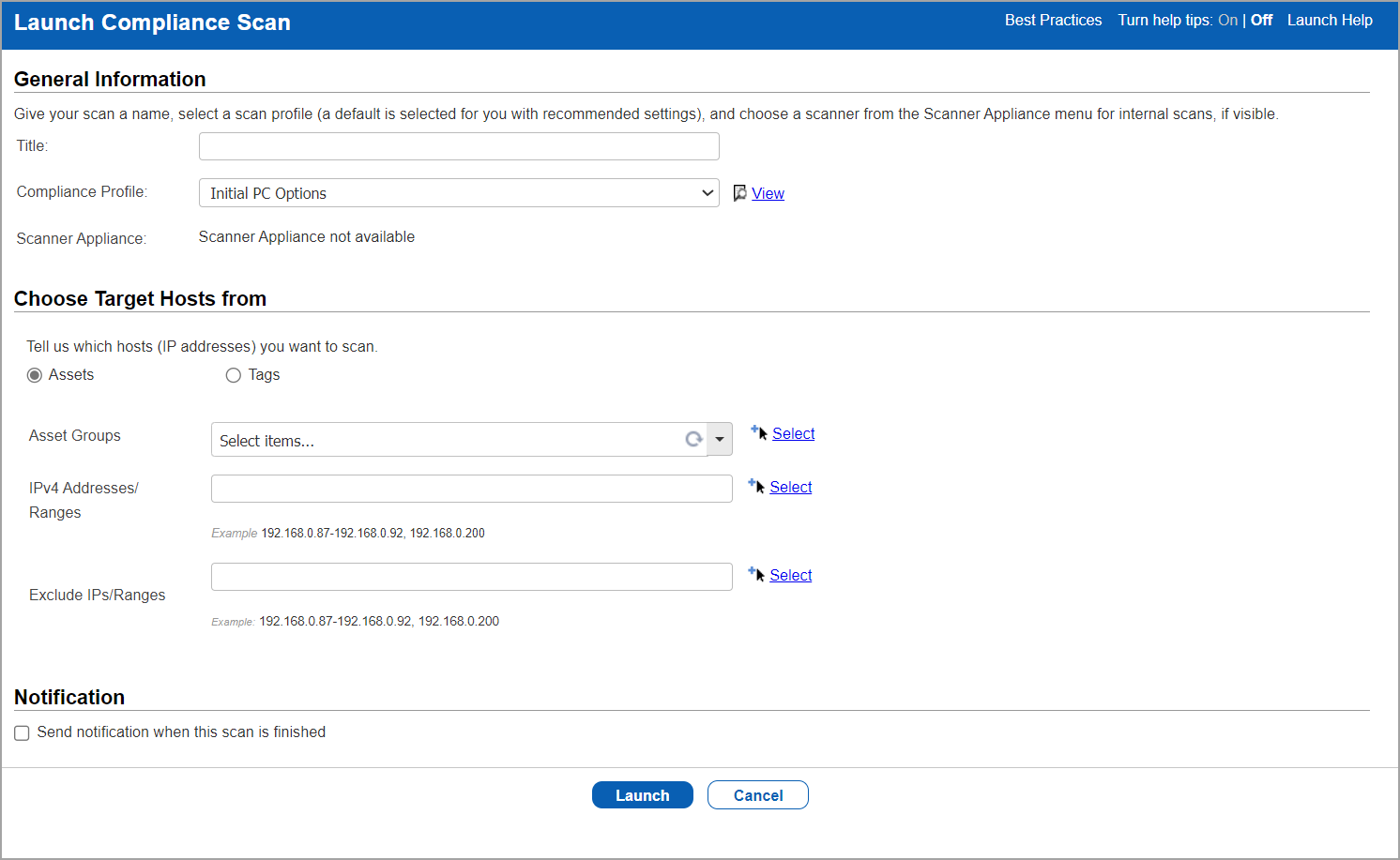 Launch Compliance Scan window with FQDNs listed