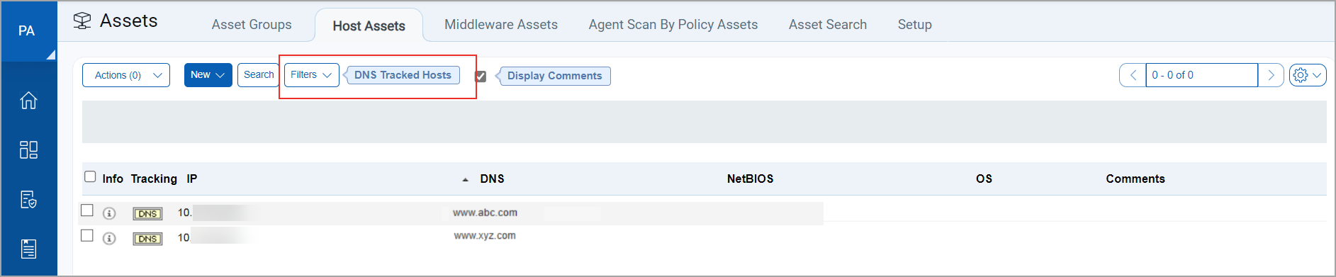 Host Assets list with DNS filter used