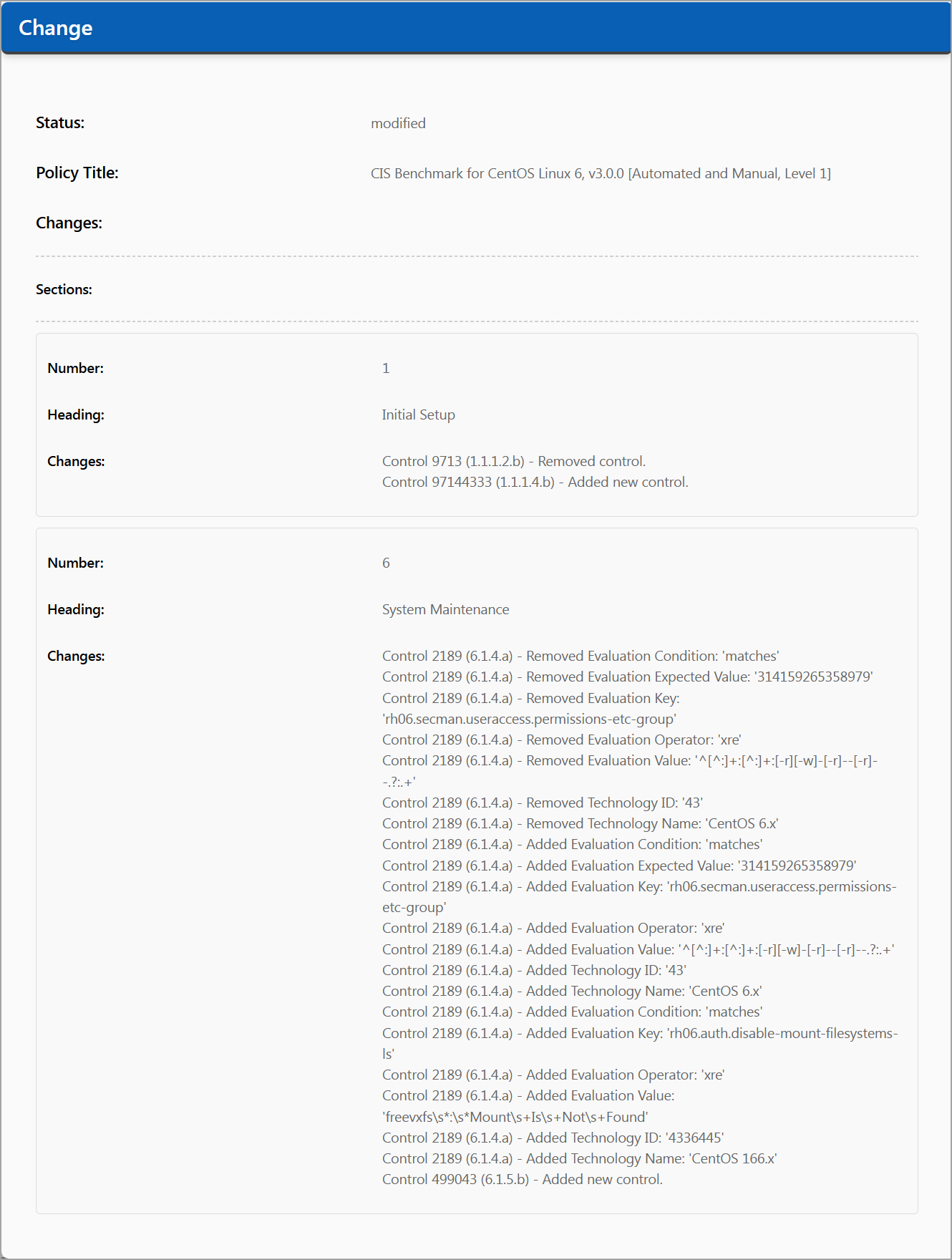 Change log details displayed in the Change window.