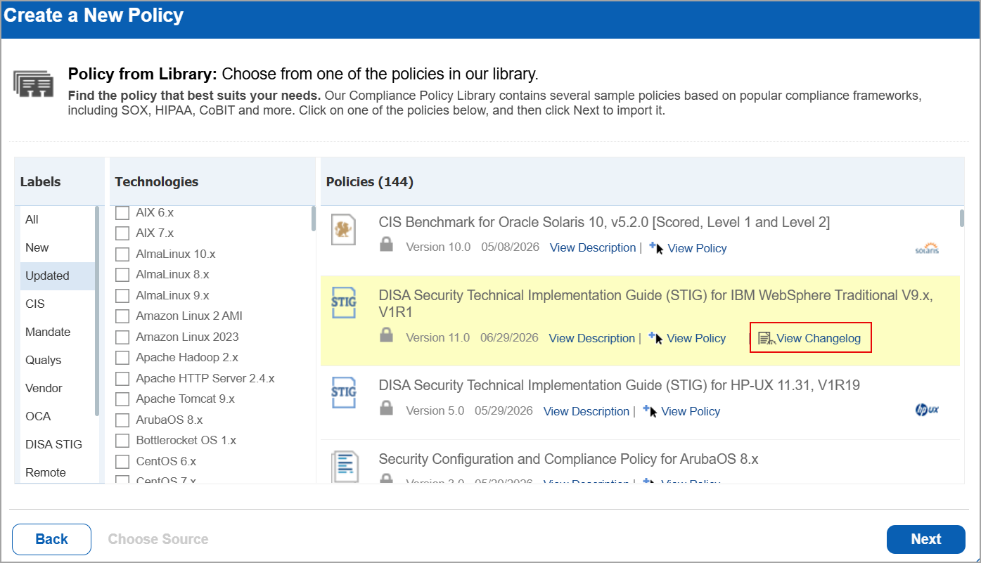 View Changelog option when creating a new policy.