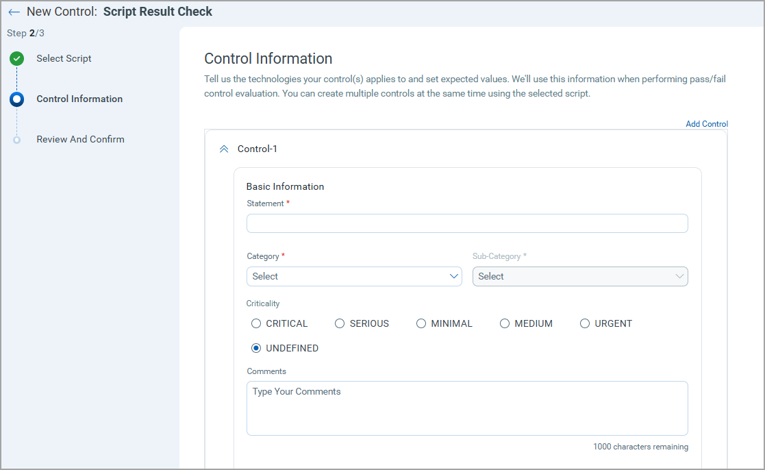 Control information details page to add details for controls.