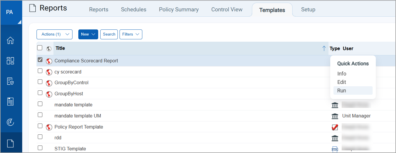Run option on Quick Actions menu for Compliance Scorecard Report