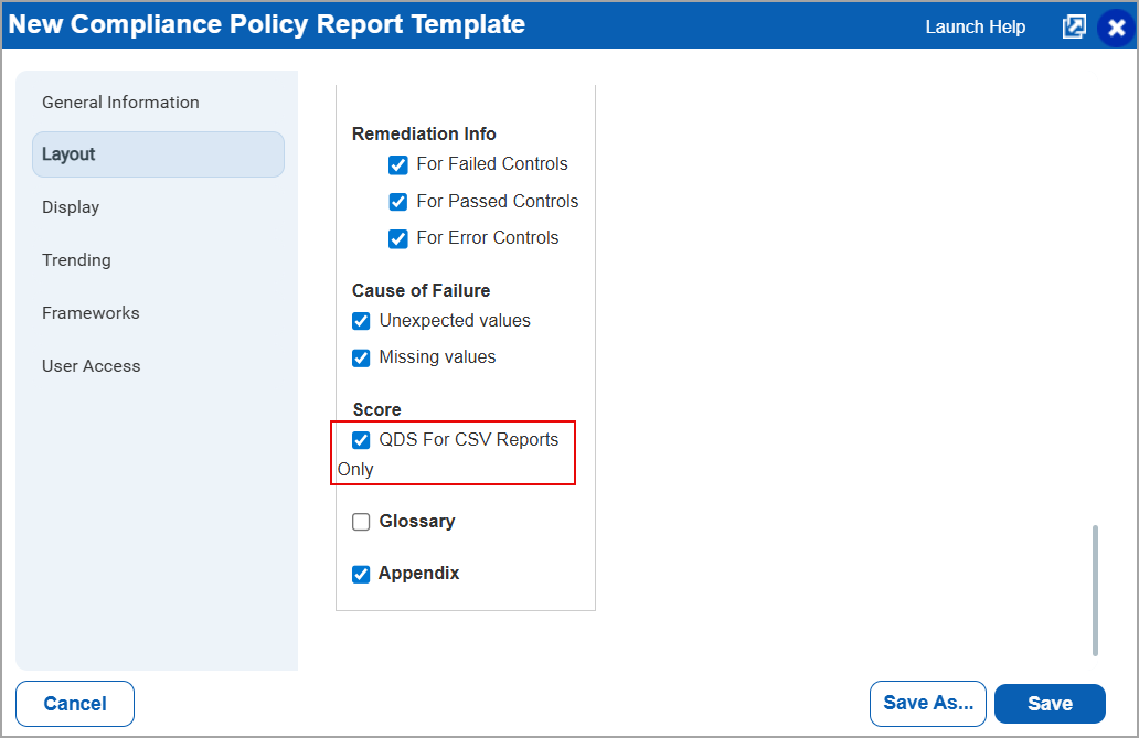 QDS column option displayed in the report template Layout pane.