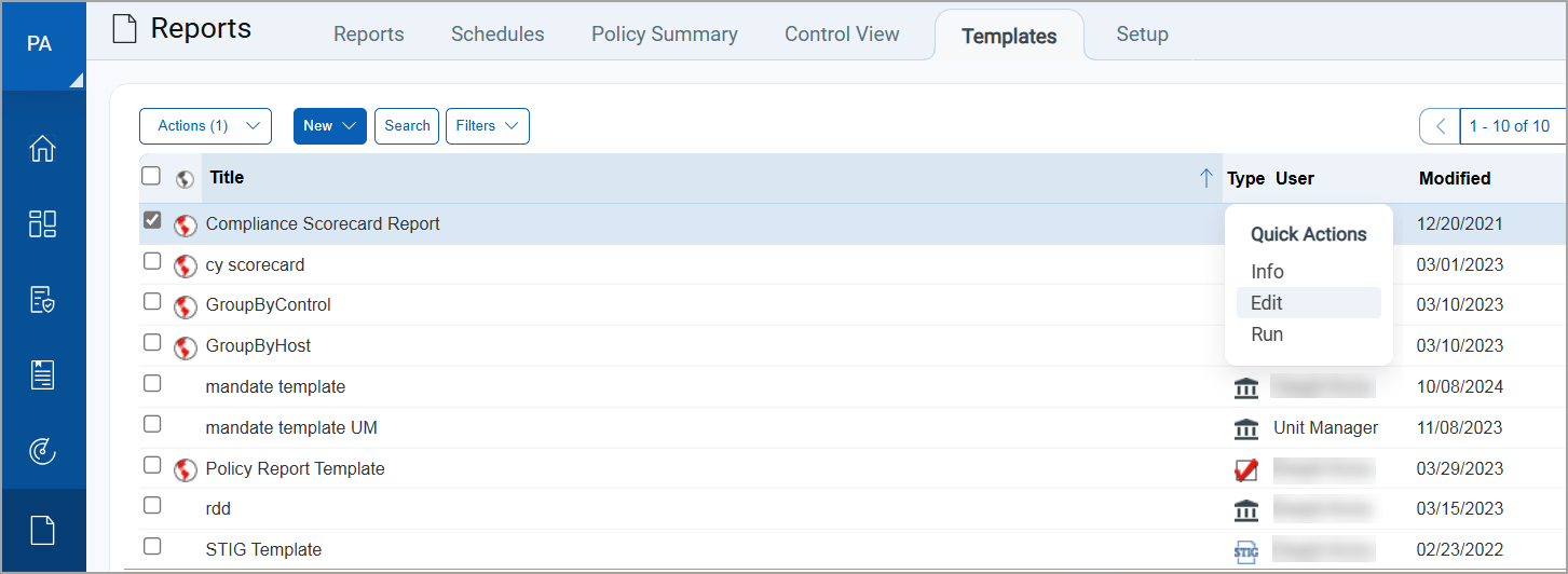 Edit template option on Quick Actions menu