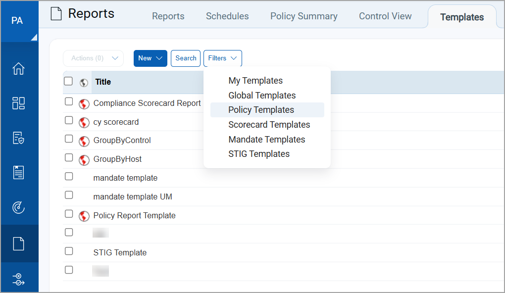 New Policy Template menu option