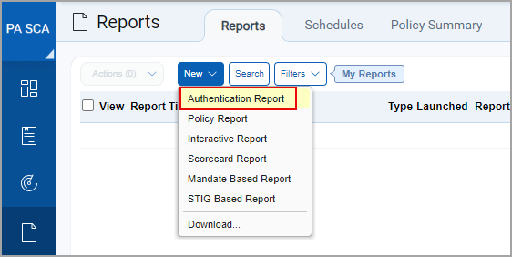 New Authentication Report option when running reports from SCA
