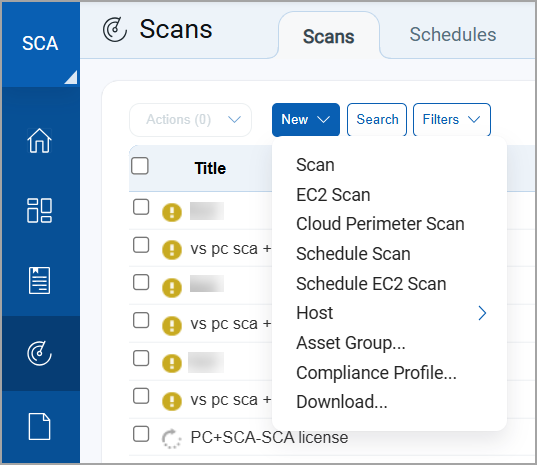 New Scan option under Scans in SCA