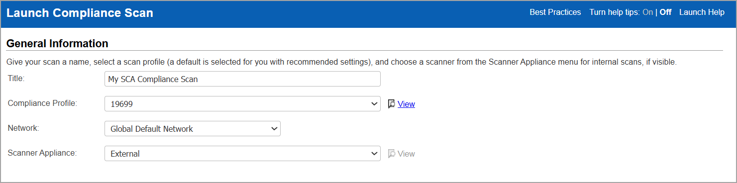 SCA scan settings - Compliance Profile and Scanner Appliance