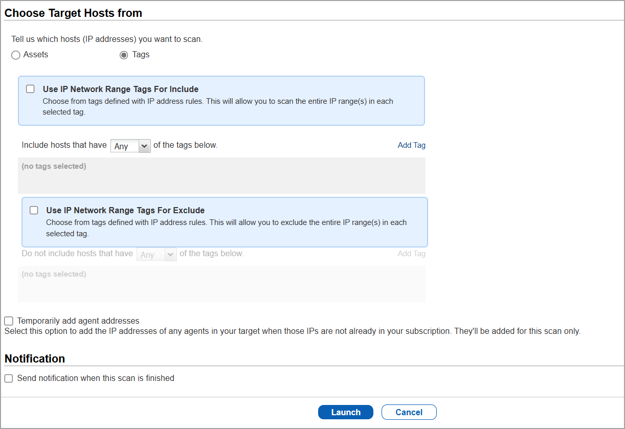 SCA scan settings - Target Hosts, Notification and click Launch